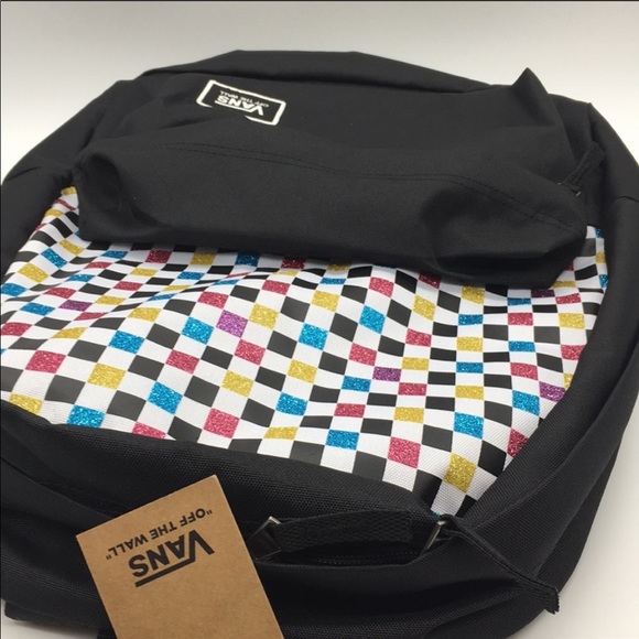 >💟REALM GLITTER🌈 RAINBOW CHECKERBOARD /BLACK 🎒CANVAS  BACKPACK BRAND NEW VANS - Picture 3 of 11